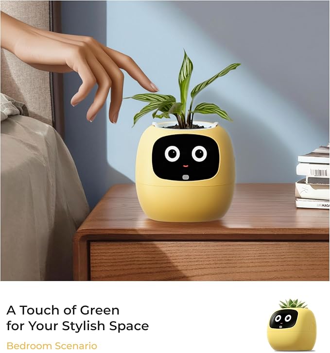 Ivy AI Smart Plant Pot with Emoji Intelligent Planter Robot for Houseplants Tamagotchi Flower Pot Stylish Plantagotchi Home Decor(Lemon)