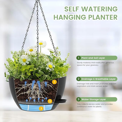 2 Pack 12 Hanging Flower Pots with Chains Self Watering Plastic Planters for Indoor Outdoor Plants, Sturdy Triangular Iron Chain Design for Garden PorchPlastic Hanging Flower pots (2, Black)