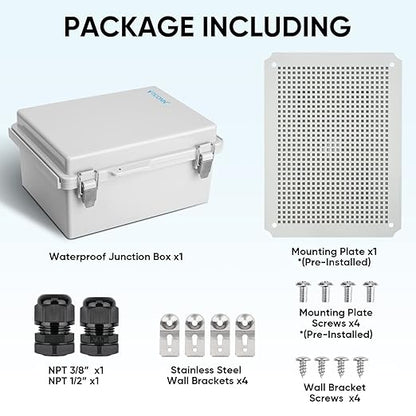 TICONN Outdoor Electrical Box Waterproof, Junction Box IP67 ABS Plastic Enclosure with Hinged Cover with Mounting Plate, Wall Brackets, Cable Glands (Off-White, 15.7"x11.8"x7.1")