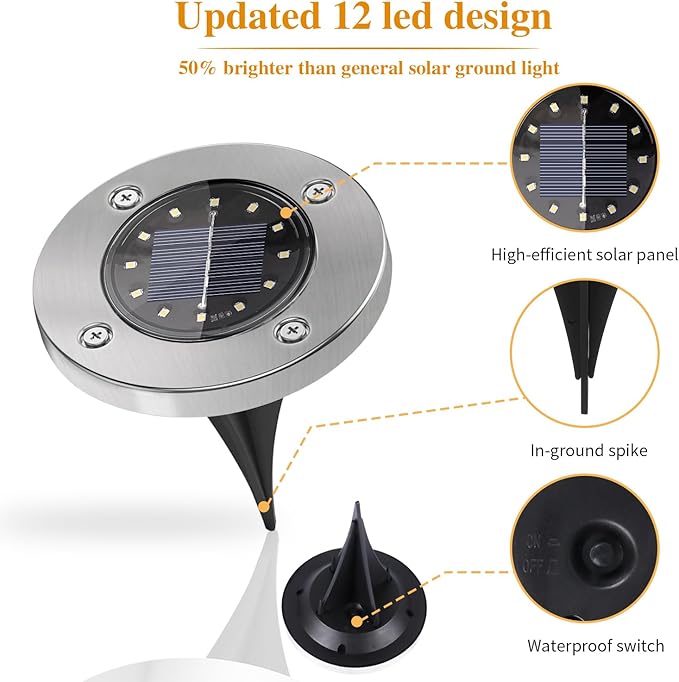 Solar Garden Lights Outdoor, 8 Packs Bright Solar Powered Ground Light with Updated 12 LEDs, Waterproof Disk Warm Flat Lights for Garden Patio Yard Deck Lawn Walkway Landscape Decor