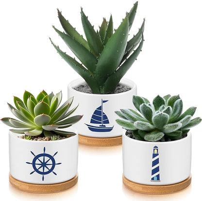 3 Pcs Decor Gift for Women Planter Ceramic Gift Animal Plant Pot with Bamboo Tray for Office Home Farm House Bathroom Kitchen Christmas Decorations (No Plants Included)(Nautical)