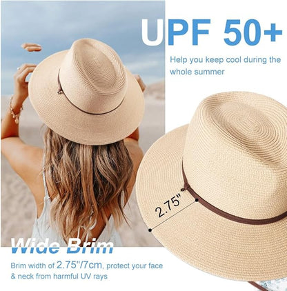 DRESHOW Women Straw Panama Hat Travel Fedora Beach Sun Hat Summer Wide Brim Straw Roll up Hat UPF 50+