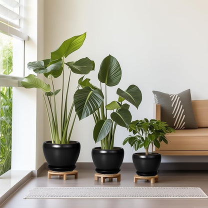 Ceramic Planters Pots - 10 Inch 8 Inch 6 Inch Plant Pots Indoor with Drainage Holes and Saucers Large Planters Mid-Century Flower Pots Outdoor Set of 3 Black