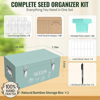 Large Bamboo Wood Seed Storage Organizer Box with Lid, Double-Layer Seal Design Seed Saving Box with 304 Stainless Steel Safety Lock, Handles, Extra Seed Envelopes and Labels, Great Gifts for Gardener