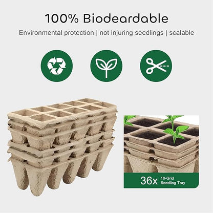 GROWNEER 360 Cells Peat Pots Seed Starter Trays 36 Packs Biodegradable Seedling Pots Germination Trays Organic Plant Starter Kit with 15 Pcs Plant Labels