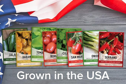 Gardeners Basics, Heirloom Hot Salsa Growing Seed Packets 8 Varieties Habanero, Jalapeno, Serrano Peppers, Roma, San Marzano Tomato, Cilantro, Green Onion, Tomatillo for Garden Non-GMO Heirloom