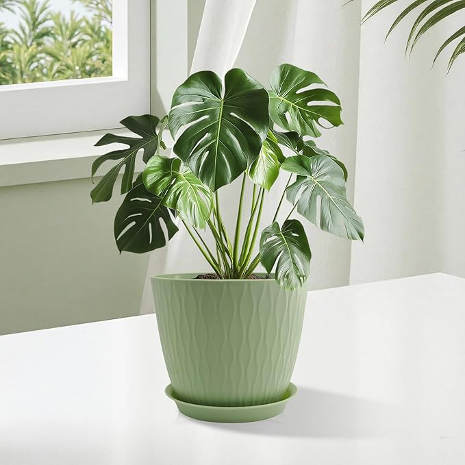 8/7/6 inch Plant Pots, 3 Pack Flower Pots for Outdoor Indoor Garden Plants, Large Planters with Multi Mesh Drainage Holes and Saucer (Green, 8"+7"+6")