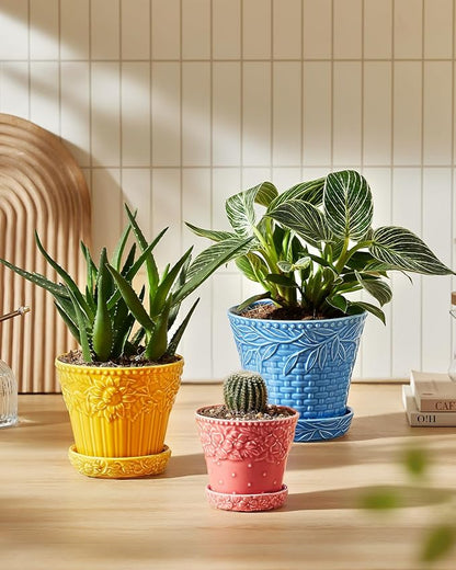 Ceramic Plant Pots, 4.9 Inch Flower Pots with Drainage Hole & Saucer, Colorful Planter Pots for Indoor Plants, Small Pots for Succulent, Catus, Home Decor, Set of 4, Assorted Colors