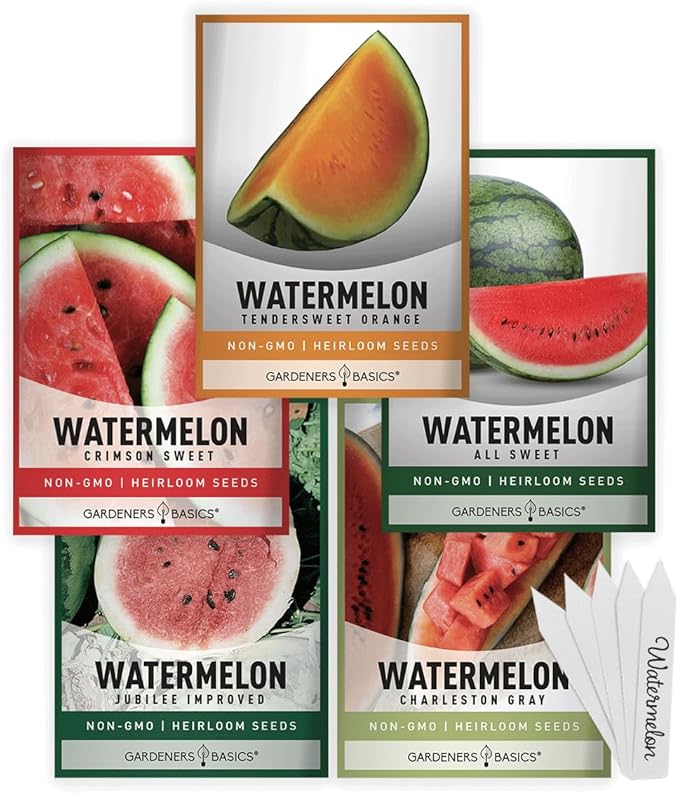 Gardeners Basics Watermelon Fruit Seeds for Planting Home Garden 5 Variety Packets - Crimson Sweet, Jubilee Improved, Tendersweet Orange, Charleston Grey, and All Sweet Watermelon Seed Packs