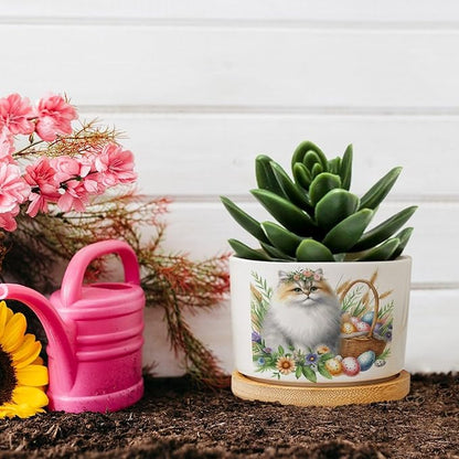 DreamAutumn Watercolor Easter Cat Ceramic Flower Pots,Gardening Plant Pot with Drainage Holes and Saucers Round Ceramic Pots for Indoor Plants Succulent Herbs Cactus Pots for Dad Papa Grandpa