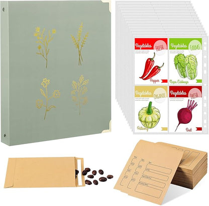 Seed Storage Organizer Binder with 100 Pcs Seed Envelopes and 50 Pack Sheet Protectors That Stores 200 Envelopes Garden Holder Book Collecting Template for Garden Lover