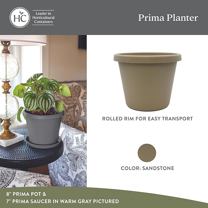 The HC Companies 12 Inch Prima Round Planter Pots with Drainage Holes and Rolled Rim, Lightweight UV-Resistant Plastic Indoor & Outdoor Planters, 2-Pack Flower Pots for Garden & Home Decor, Sandstone