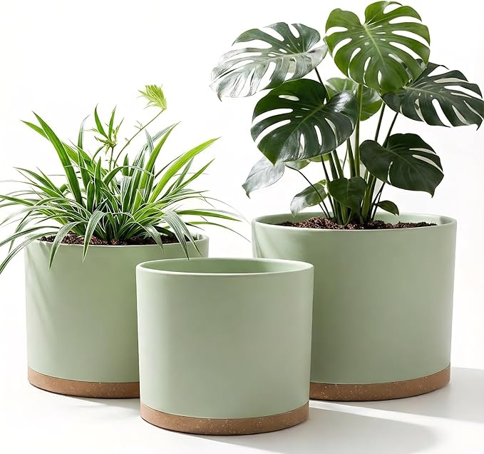 (3 Pack) 10 Inch Plant Pot with Drainage and Saucers, 10/9/8 Inch Plastic Plant Pots for Indoor Plants, Modern Round Planter Set for Flowers, Herbs, Garden Decor (Green-Brown)