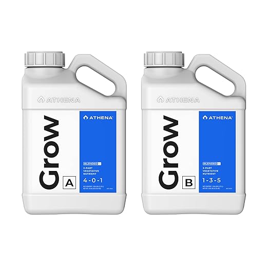 Athena Blended Grow A&B | 2-Part Vegetative Liquid Fertilizer for Hydroponics & Soil | Plant Food for Veg Stage Growth | NPK A 4-0-1 | B 1-3-5 | 1 Gallon