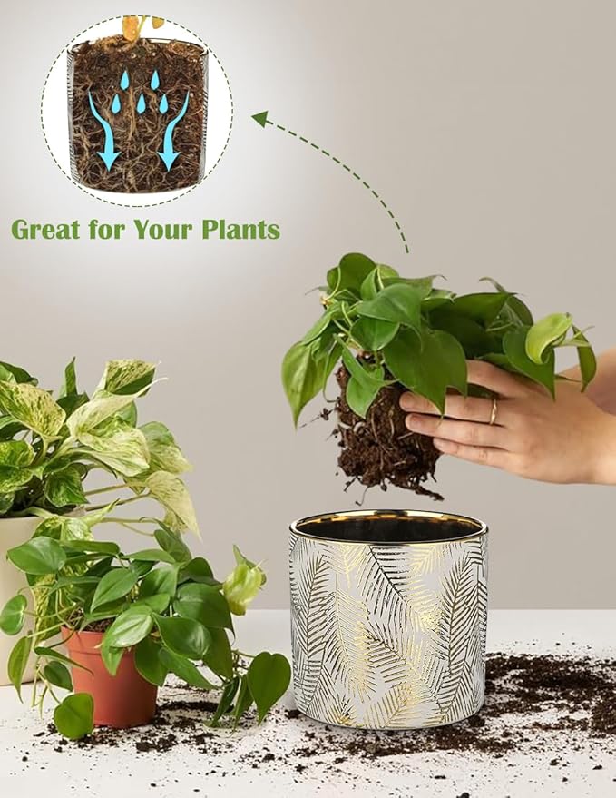 Oairse Small Ceramic Pot for Indoor Plants, 5.3 inch Plant Pot with Drainage Hole Decorative Texture Gold Planter Indoor Outdoor Flower Pots for Succulent Snake Plant Pothos Orchid