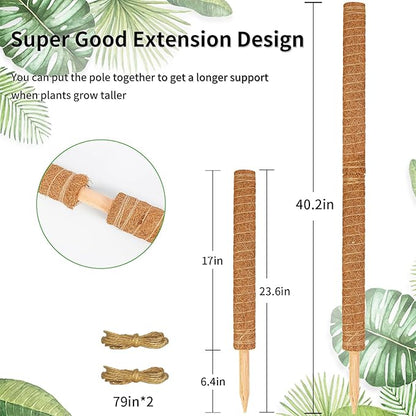 JJGoo Moss Pole for Plants Monstera, 2 Pack 23.6 inch Plant Support Pole, Extendable Coir Totem Pole for Potted Plants Pothos,Train Indoor Climbing Plants to Grow Upwards - Extends to 40.6 Inches