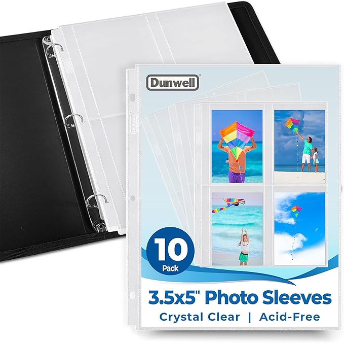 Dunwell Photo Sleeves for 3-Ring Binder, (3.5x5, 10 Pack) for 80 Pictures, Each Photo Page Holds 8 Pictures or 4 Seed Packets, Acid-Free Poly Plastic 3.5 x 5 Album Refill Pages