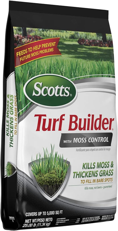 Scotts Turf Builder with Moss Control, Moss Killer and Lawn Fertilizer, Covers Up to 5,000 sq. ft., 25 lbs.
