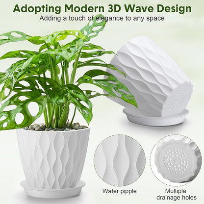 24 Pack 4 Inch Plant Pots Bulk Small Pots for Succulents Waffle Texture Plastic Planter with Drainage Holes and Saucers for Indoor Outdoor Plants Flowers, Seedlings (White)