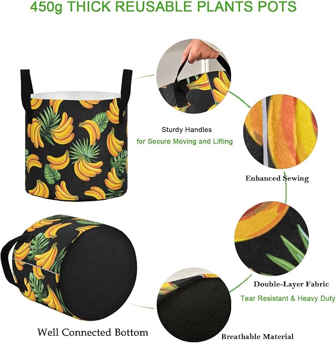 3 Gallon Tropical Leaves Banana Black Breathable Grow Bag Heavy Duty Thickened Plant Pot Containers with Handles for Tomato Potato Fruits Vegetables Flowers