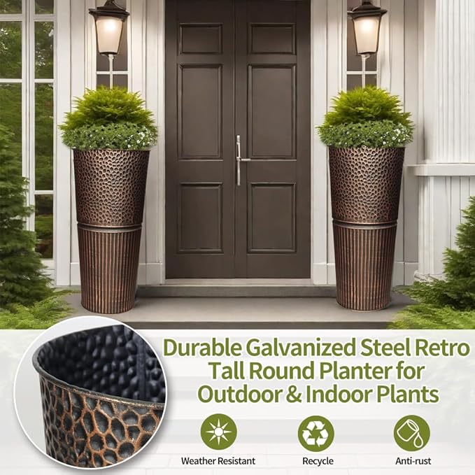 2 Pcs Pack 22 Inches Metal Tall Tapered Planter Pots Large Round Planter Flower Pot with Drainage Holes for Indoor Outdoor Deck Porch Garden Home Patio Front Door (Antique Copper, S)
