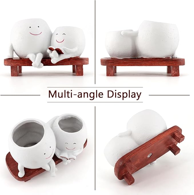Meltset Cute Face Planter Pot - Funny Double Head Planter Sitting on Bench, Smiley Succulent Pot with Drainage Indoor and Outdoor, Unique Gift for Plant Lovers(White)