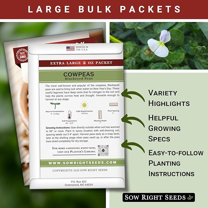 Sow Right Seeds - Bulk Black Eyed Cowpea Seeds for Planting - 2 Ounce, 225 Seeds - Non-GMO Heirloom Jumbo Pack with Instructions to Plant a Home Vegetable Garden - Grow Loads of this Bush Bean Variety