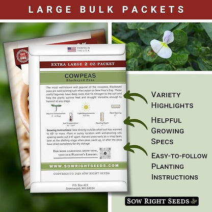 Sow Right Seeds - Bulk Black Eyed Cowpea Seeds for Planting - 2 Ounce, 225 Seeds - Non-GMO Heirloom Jumbo Pack with Instructions to Plant a Home Vegetable Garden - Grow Loads of this Bush Bean Variety