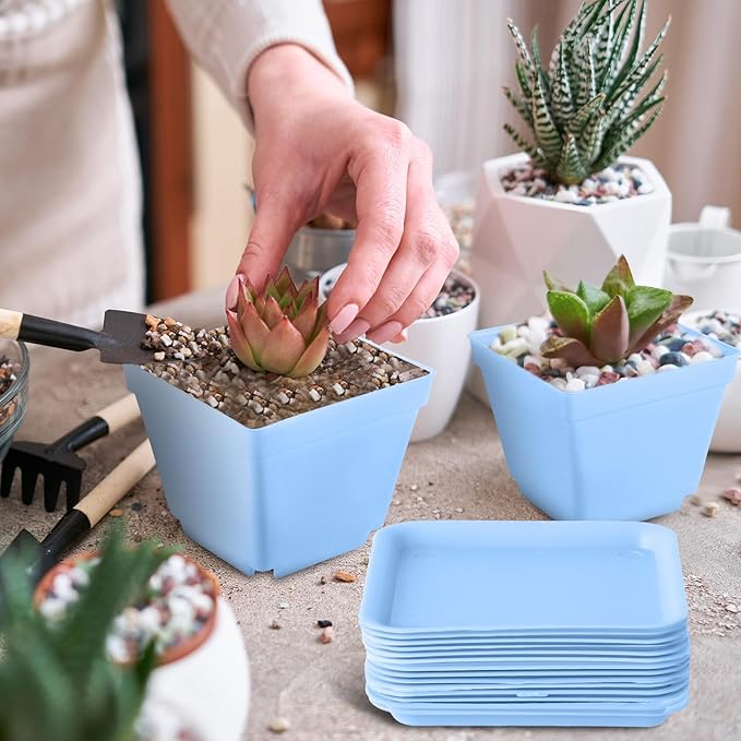 Amyhill 4 Inch Flower Pots Square Plants Nursery Pot Plastic Plant Seedling Pots Nursery Transplanting Planter Container with Saucer for Indoor Herbs Succulent Balcony Garden(Blue,100 Pcs)