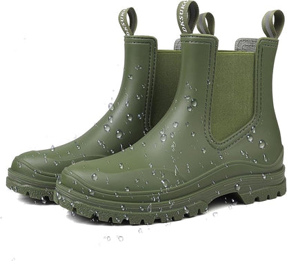 DKSUKO Rain Boots Women Waterproof Chelsea Boots Ankle Garden Shoes for Ladies Rubber Short Rainboots with Removable Comfort Insole for Outdoor Work Deck Mud Boots