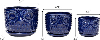 Ceramic Flower Pots, Ceramic Planters with Drainage Hole and Saucer, Modern Round Indoor Succulent Planters with Owl Design, Small to Medium-Sized, Set of 3, Navy Blue