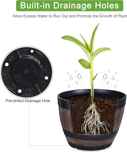 VECELO Plant Pots with Drainage Holes & Saucer, 11.3 Inch Flower Pots with Tray, 4 Pack Plastic Whiskey Barrel Planters for Indoor & Outdoor Garden Home Plants and Flowers