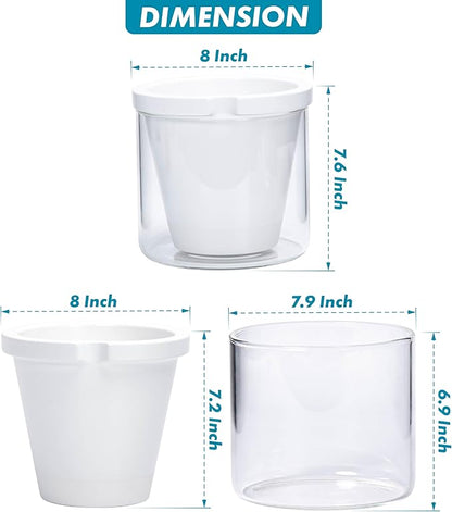D'vine Dev 8 Inch Design Self Watering Planter for Indoor Plants, White Terracotta Pots with Cylinder Glass Cup, 37-X-C-2