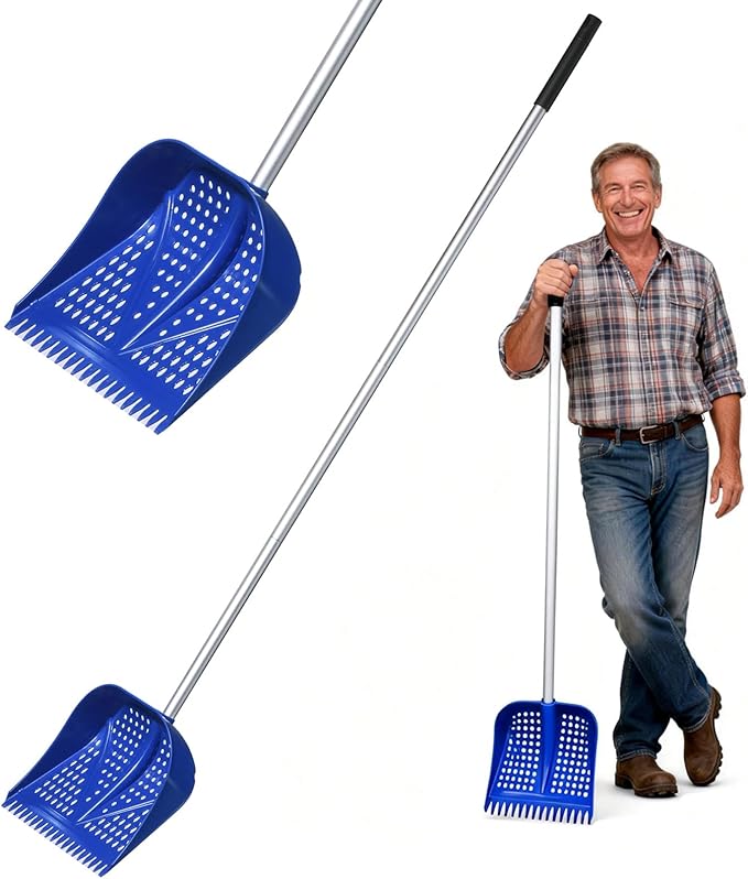 11.8inch Heavy Large 2-in-1 Chicken Poop Scooper & Rake,Adjustable Aluminum Handle（20–61"） Chicken Coop Scoop– Litter Scoop Sand & Sifting Shovel for Chicken Coops(Blue)