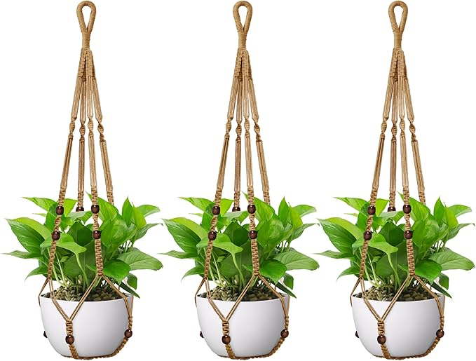 USLAI Macrame Plant Hanger Indoor Outdoor, Fits 4 to 15 Inch Pots, Strong Hanging Planter Holder, Boho Home Decor, 35 Inch, Brown, Set of 3 (POTS NOT Included)