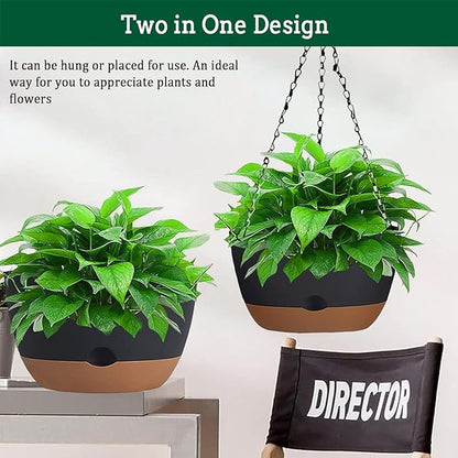 2 Pack Hanging Planters Set,10 Inch Indoor Outdoor Hanging Plant Pot Basket,Hanging Flower Pot with Drainage Hole with 3 Hooks for Garden Home… (Black Hanger Black Planters)