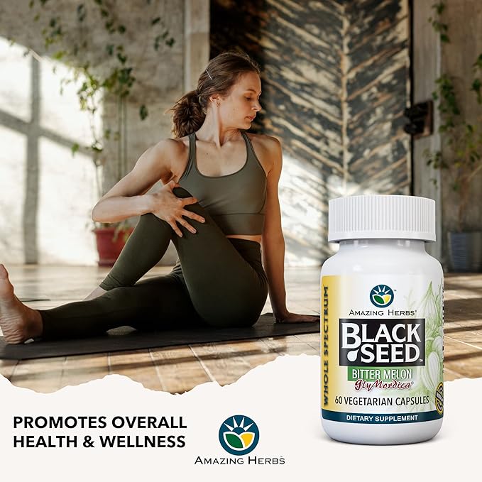 Amazing Herbs Black Seed with GlyMordica Bitter Melon - Premium Nigella Sativa and Momordica Charantia, Non-GMO & No Preservatives, Promotes Health & Wellness - 60 Count