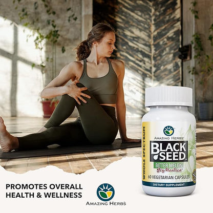 Amazing Herbs Black Seed with GlyMordica Bitter Melon - Premium Nigella Sativa and Momordica Charantia, Non-GMO & No Preservatives, Promotes Health & Wellness - 60 Count
