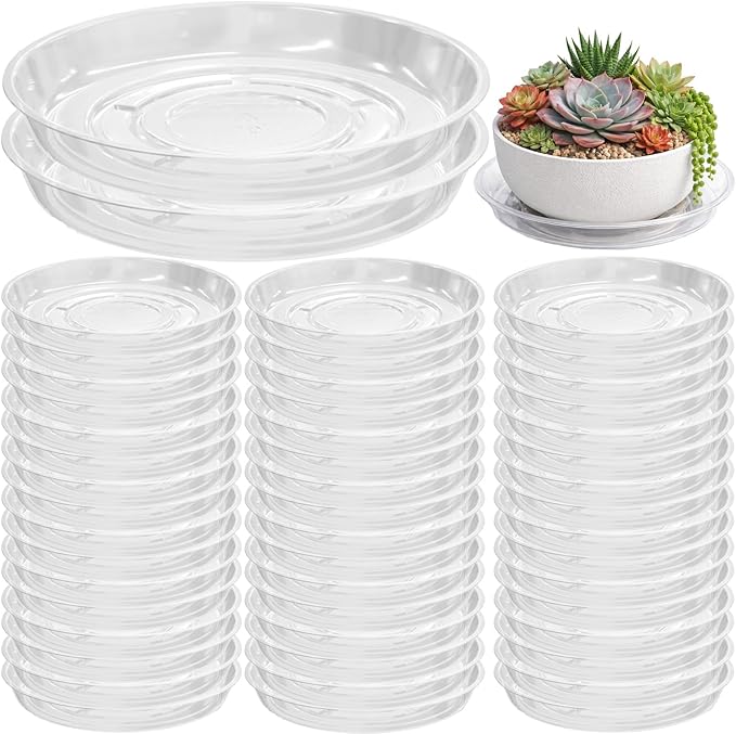 50 Packs 10" Clear Plant Saucers for Indoor Outdoor Use Heavy Duty Plastic Plant Trays for Planter Flower Pot Drip Trays to Catch Water, Bulk 4 to 20 Inch, Round Transparent