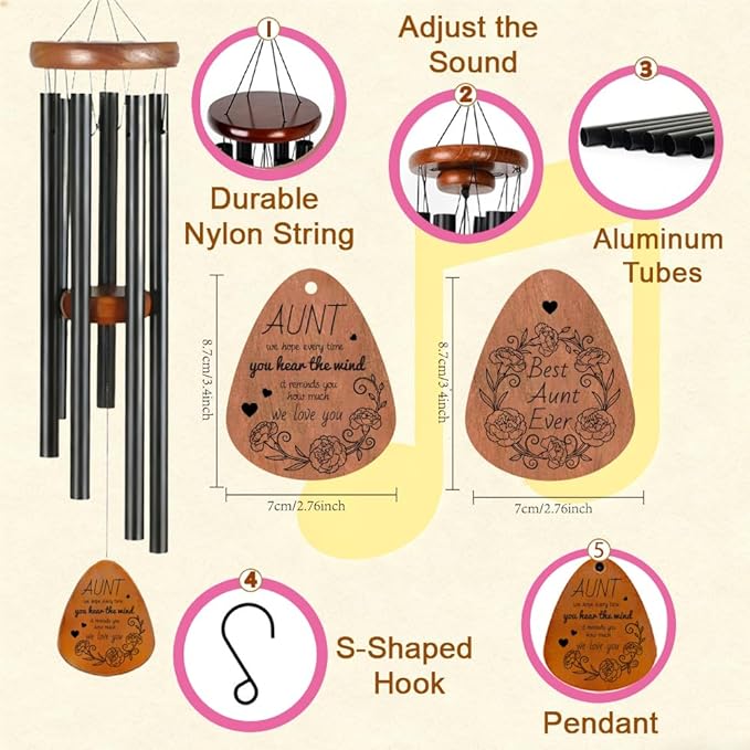 Memorial Wind Chimes for Outside, Unique Aunt Retirement Friendship Gifts for Women, Aunt Theme Wind Chime with Flowers and Heart Patterns for Home Garden Decor, Best Friend Birthday Gifts