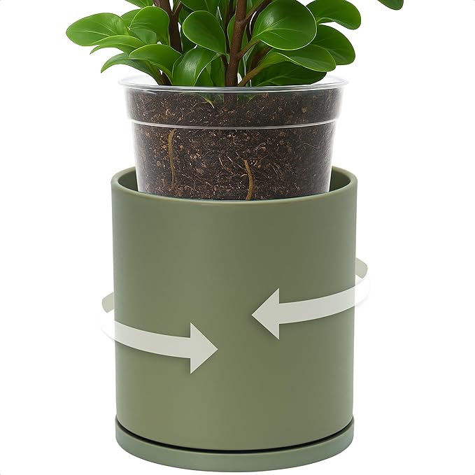 D'vine Dev Double-Layer Planter Set – Rotating Plastic Cachepot with Clear Inner Liner for Root Health, Perfect for Indoor Plants, 6.5", Olive, 73-U-C-2