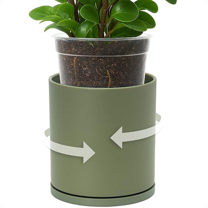 D'vine Dev Double-Layer Planter Set – Rotating Plastic Cachepot with Clear Inner Liner for Root Health, Perfect for Indoor Plants, 6.5", Olive, 73-U-C-2