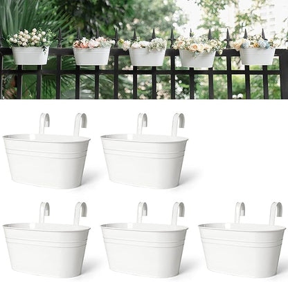 Dahey 10.5 Inch Metal Iron Hanging Flower Pots for Railing Fence Hanging Bucket Pots Countryside Style Window Flower Plant Holder with Detachable Hooks Home Decor,White,5 Pcs
