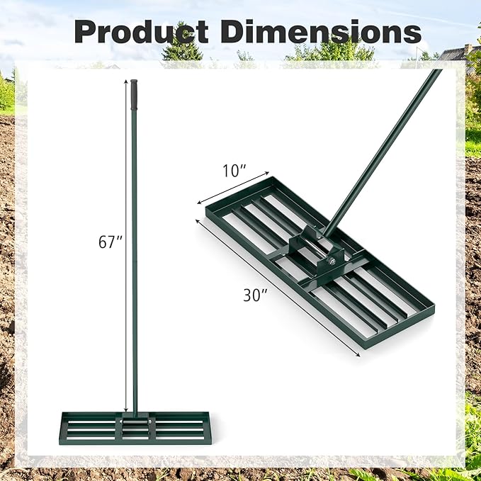 30" x 10" Lawn Leveling Rake, Heavy Duty Landscape Rake with 67" Handle, Non-Slip Grip & Flat Head, Space-Saving Lawn Level Tool for Garden, Backyard, Golf Course & Sports Field(Green)
