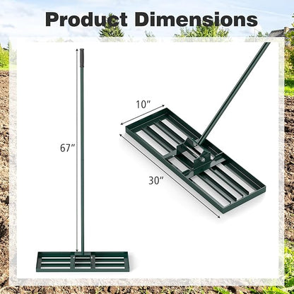 30" x 10" Lawn Leveling Rake, Heavy Duty Landscape Rake with 67" Handle, Non-Slip Grip & Flat Head, Space-Saving Lawn Level Tool for Garden, Backyard, Golf Course & Sports Field(Green)