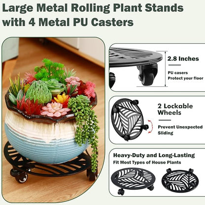 3 Packs Metal Plant Caddy with Wheels 12/13/13.6 inches Heavy-Duty Iron Rolling Plant Stand with Casters Indoor Outdoor Wheeled Plant Roller Base Pot Movers Plant Dolly Coaster Trolley Black