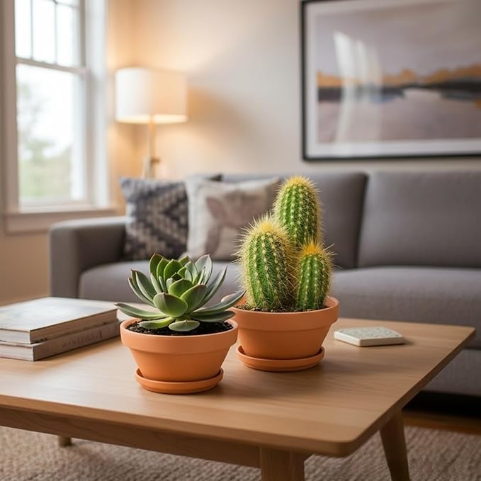 2 Pack 8 Inch Shallow Succulent Terracotta Pots with Drainage Hole and Saucer, Clay Plant Pots for Indoor and Outdoor Planter, Bowl Planter for Orchid, Cactus, Flowers