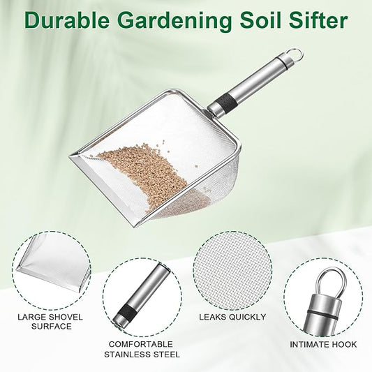 1-Pack Gardening Soil Sifter, 1 mm Mesh Stainless Steel Sand Soil Compost Sieve with Stainless Steel Handle for Sand/Dirt/Rock Compost, Screen Potting Scoop [Silver Tone]