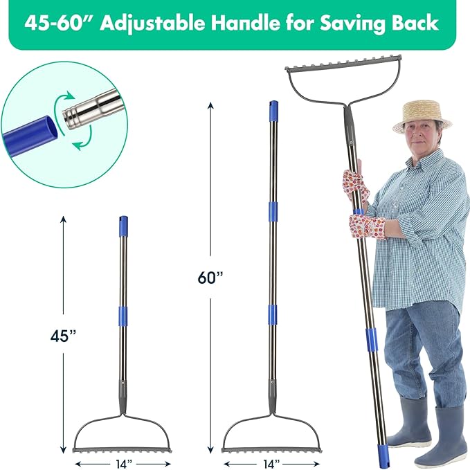 Rake, 60 Inch Garden Bow Rake with 14 Tines, Heavy Duty Stainless Steel Raking Tool for Gardening Landscaping Loosening Soil Leveling Mulching Gravel Gathering Leaf Thatch Lawn Care
