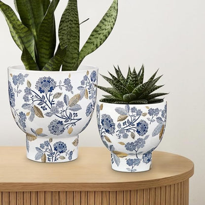 7.6/5.5 Inch Decorative Flower Pots, Blue and White Plant Pot Gold Accent Ceramic Planters for Indoor Plants Pots with Drainage Retro Planter Pot for Succulents Cactus Herb Snake Plants Outdoor Garden